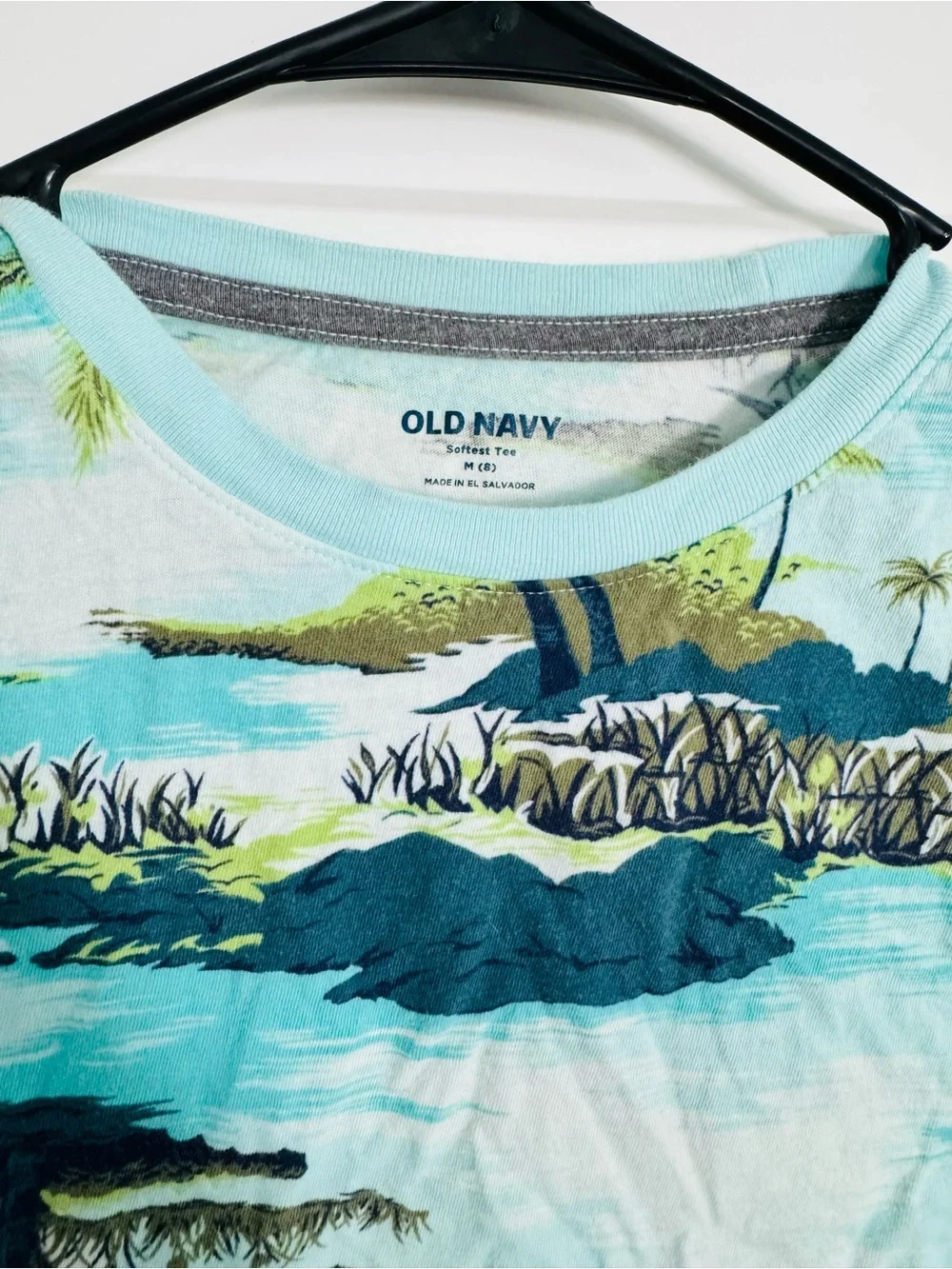 Old Navy Light Blue Tropical Print Tee with Red Accents